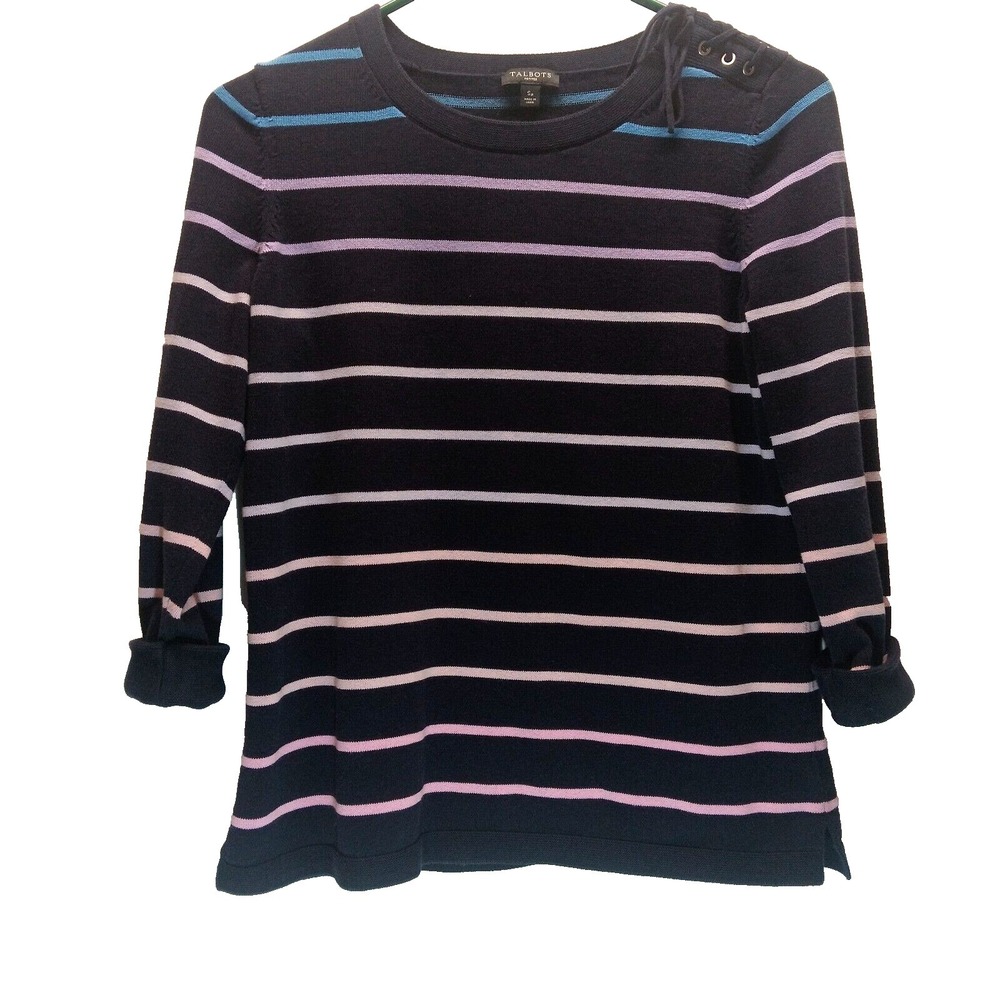 Talbots Knit Sweater Women's PS Petite Small Blue Pink Stripe 3/4 Sleeve Stretch